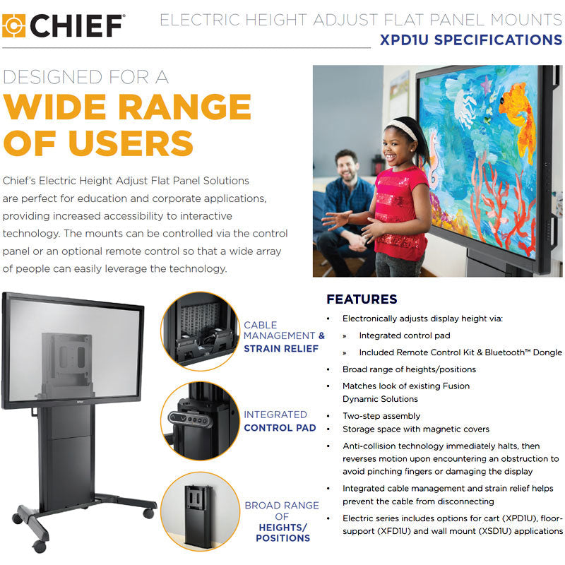 Chief Extra Large Electric Height Adjust TV Cart XPD1U, electric height-adjustable display cart feature overview