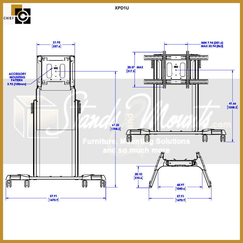 Chief Extra Large Electric Height Adjust TV Cart XPD1U, electric display cart front dimensions and adjustment range