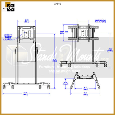 Chief Extra Large Electric Height Adjust TV Cart XPD1U, electric display cart front dimensions and adjustment range