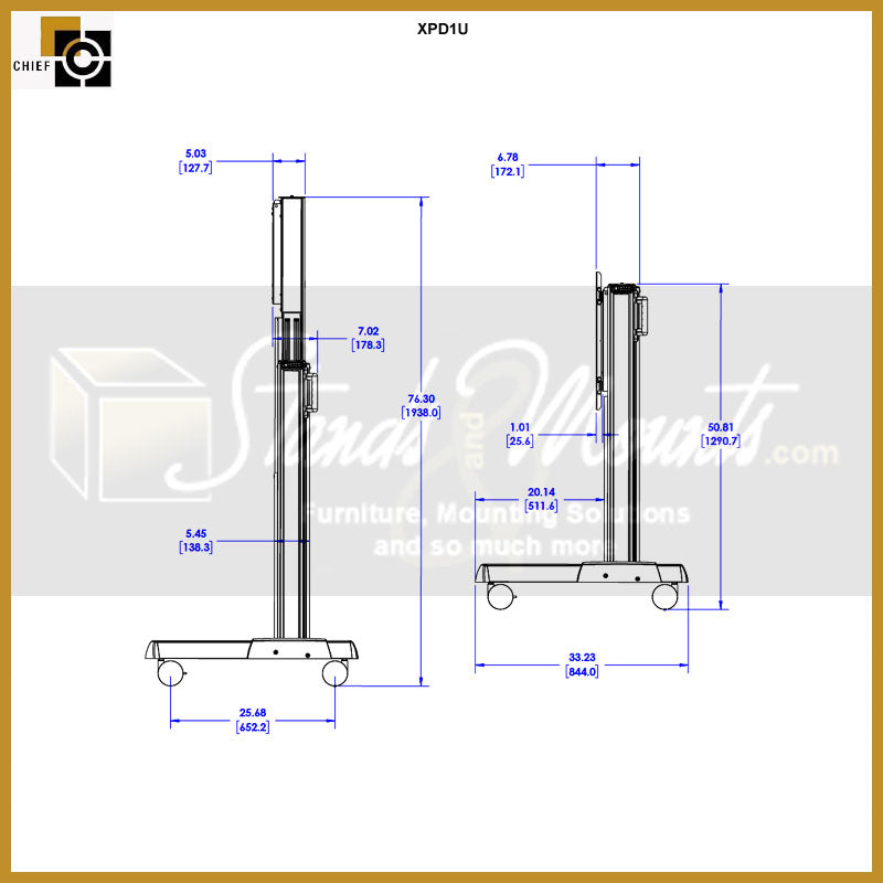 Chief Extra Large Electric Height Adjust TV Cart XPD1U, electric display cart side dimensions and height range