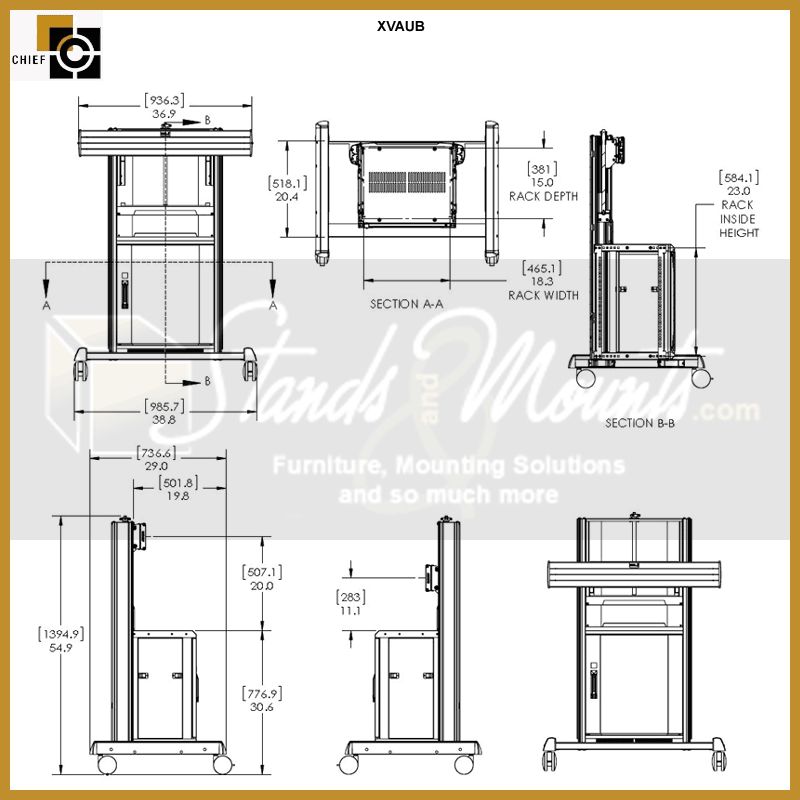 Chief FUSION X-Large Video Conferencing Cart XVAUB, mobile display cart technical dimensions