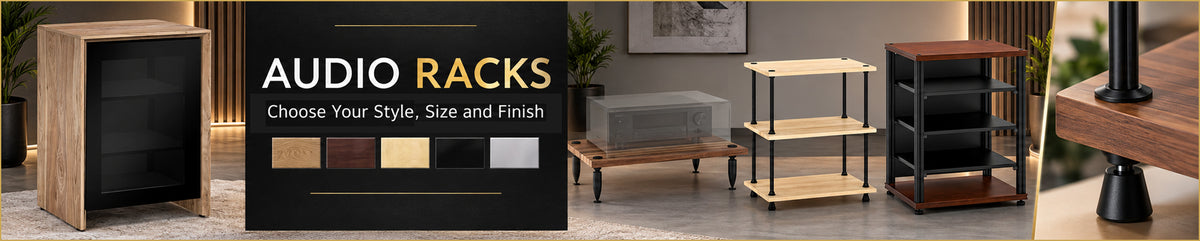 Audio racks and an amp stand in wood and metal finishes, available in multiple styles and sizes for home audio and AV equipment.