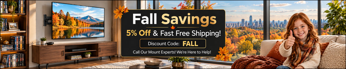 Fall sale banner featuring a wall-mounted TV, modern TV stand, CD and DVD media rack, and 5% off with free shipping using discount code FALL.