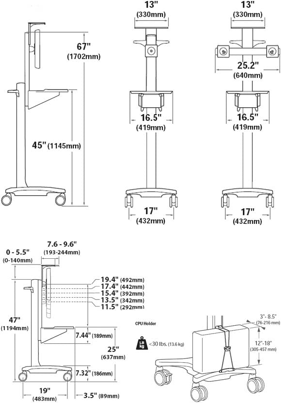 Ergotron Neo-Flex WideView Mobile Computer Cart 24-189-055, mobile workstation technical dimensions diagram