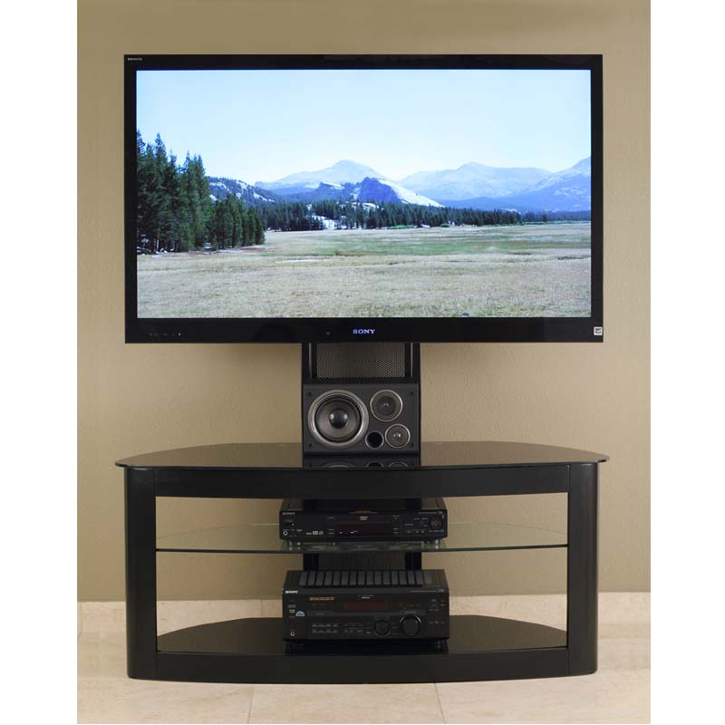 TransDeco Glass TV Stand with Mount for 35 to 80 inch Screens TD600B, home entertainment stand installed with TV and components