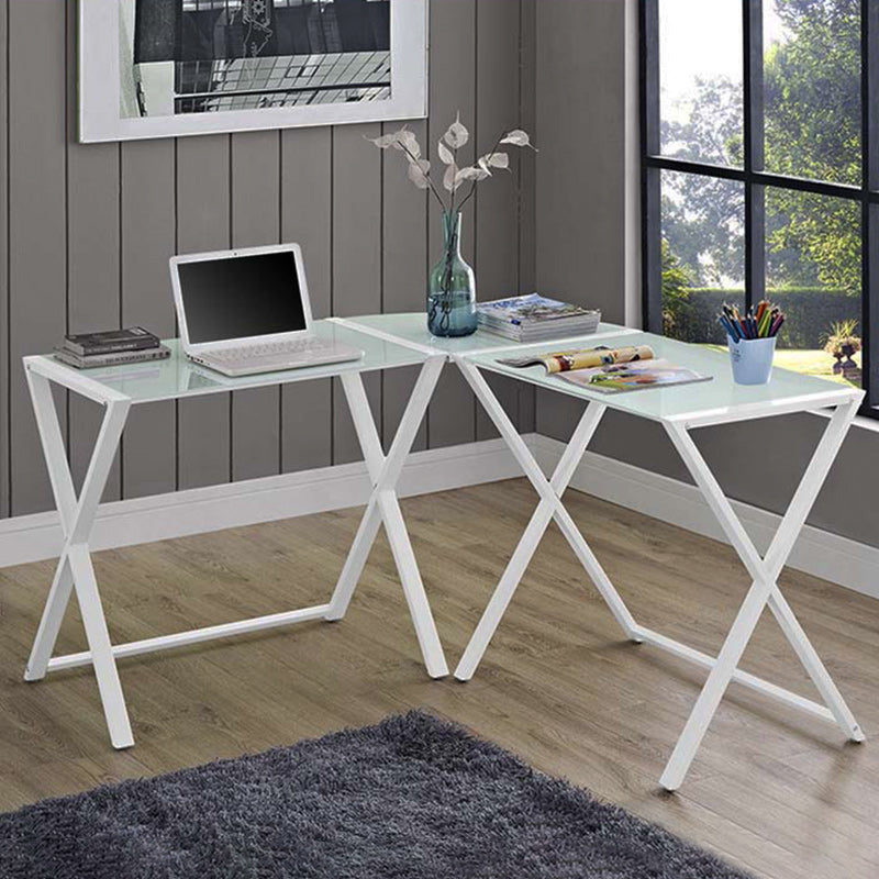 Walker Edison X Frame White Glass and Steel Corner Computer Desk D51X29WH, white corner desk in home office