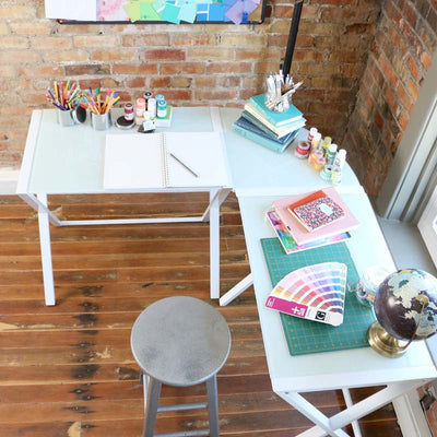 Walker Edison X Frame White Glass and Steel Corner Computer Desk D51X29WH, white corner desk in art studio